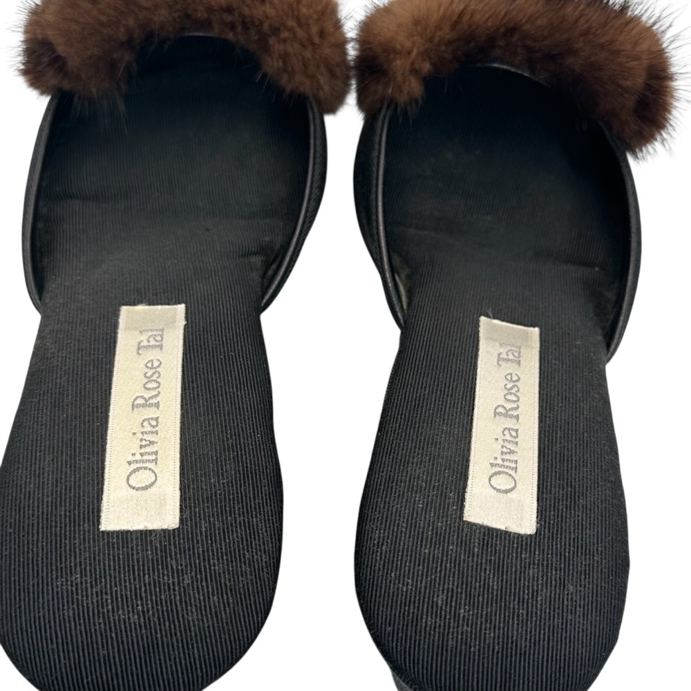 Olivia Rose Tal Black Wedge Mules with Brown Fur sz 9 Vintage - Picture 10 of 11